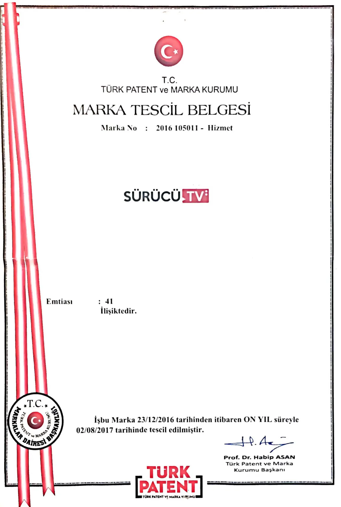 Sürücü TV Türk Patent ve Marka Kurumu marka tescil belgesi