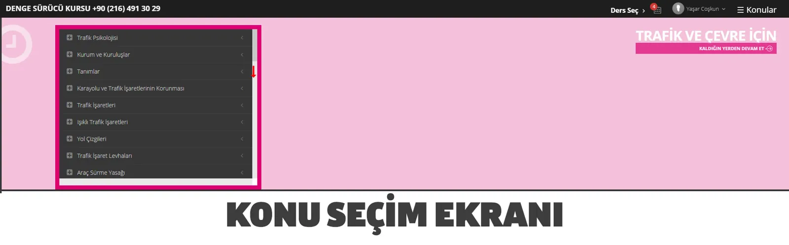 Sürücü Kursu E-Ders Uygulaması – Konu seçim ekranı