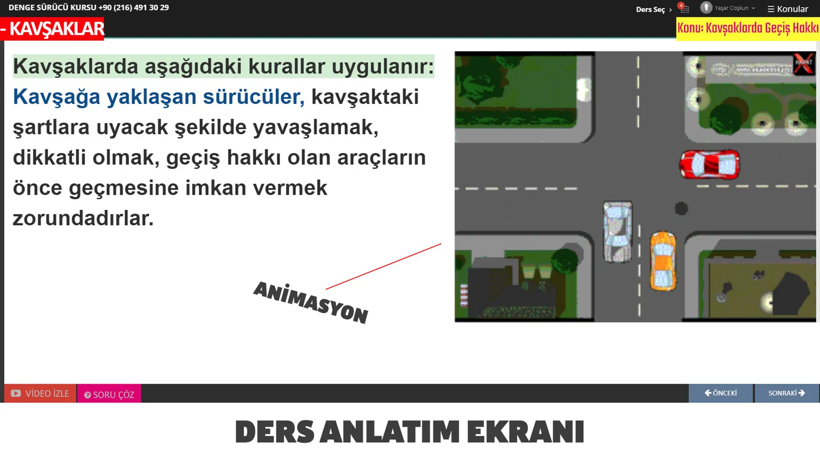 Sürücü Kursu E-Ders Uygulaması – Ders anlatım ekranı