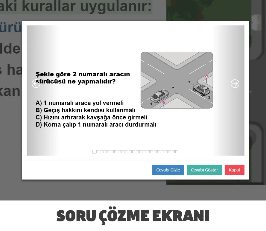 Sürücü Kursu E-Ders Uygulaması – Soru çözme ekranı