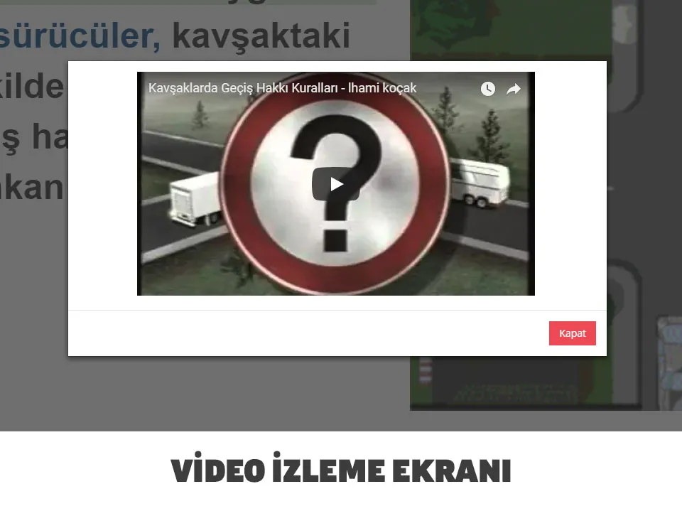 Sürücü Kursu E-Ders Uygulaması – Video izleme ekranı